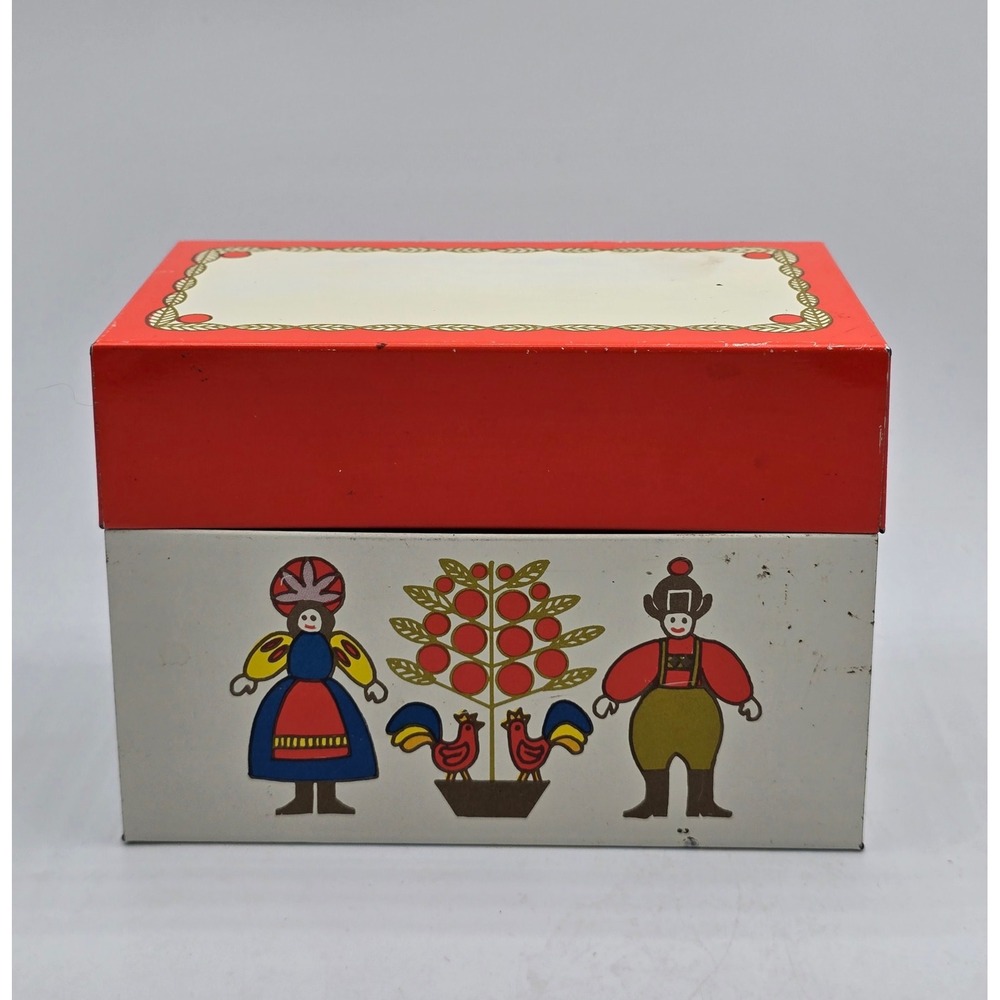 Vintage 60s/70s Ohio Art Recipe Box Folk Art Dutch Scandinavian Metal Kitchen